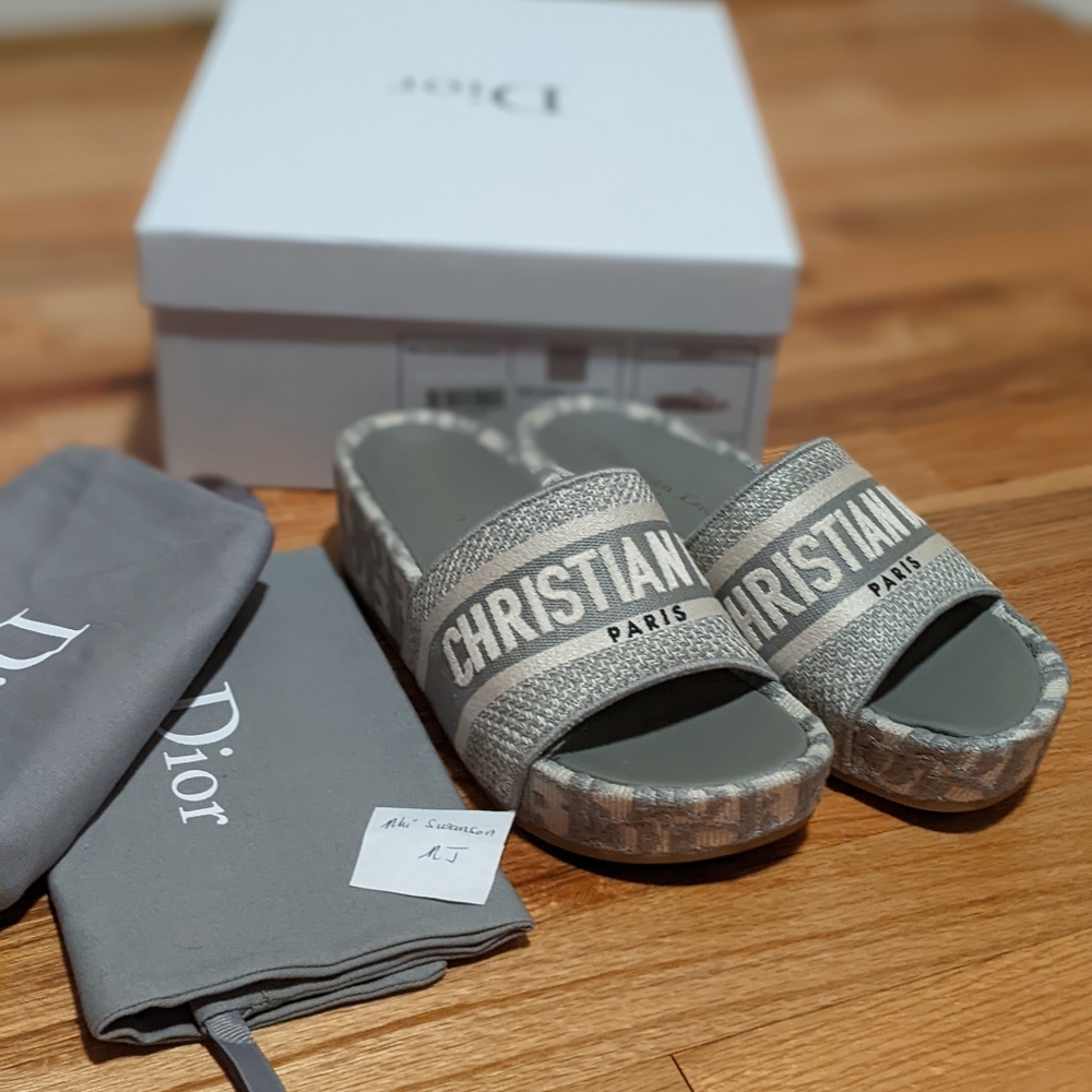 Dior Dway Oblique Embroidered Cotton Wedge Slide Sandals